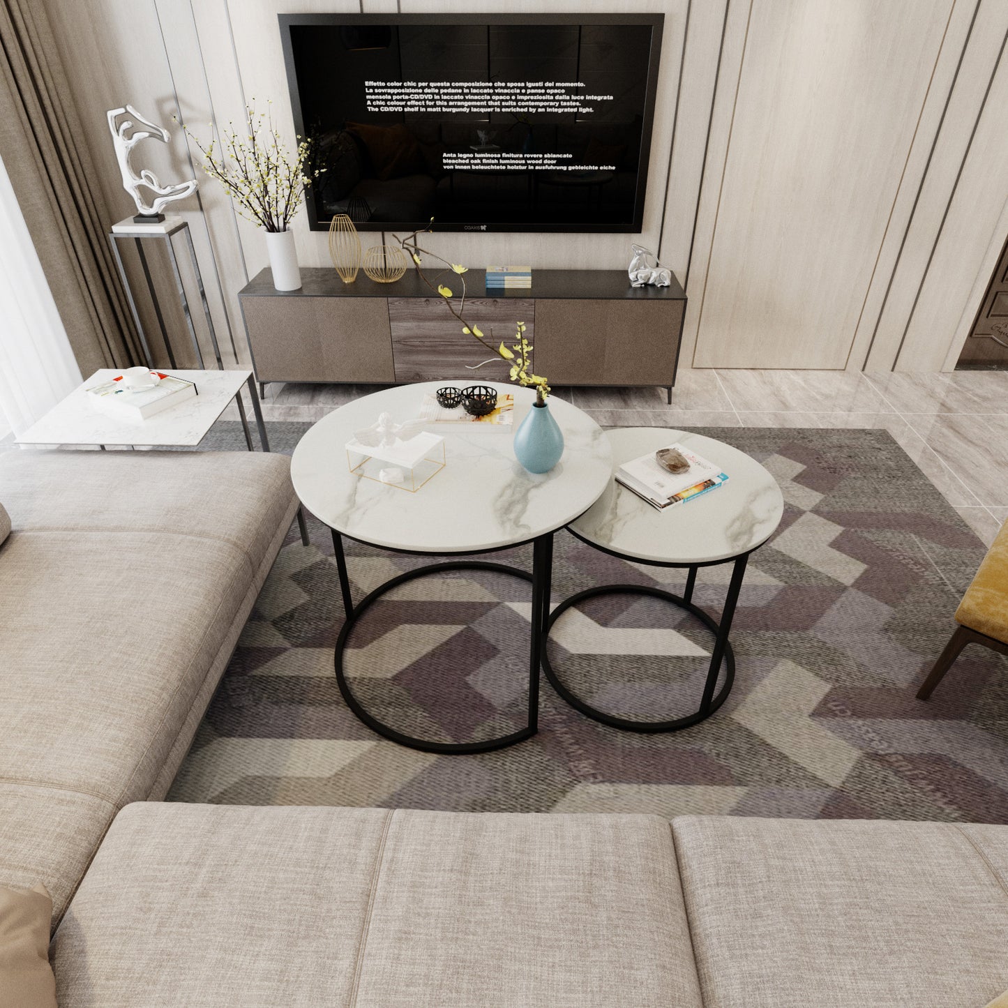 Modern Round Nesting Coffee Table Set 2pc Solid Metal Frame