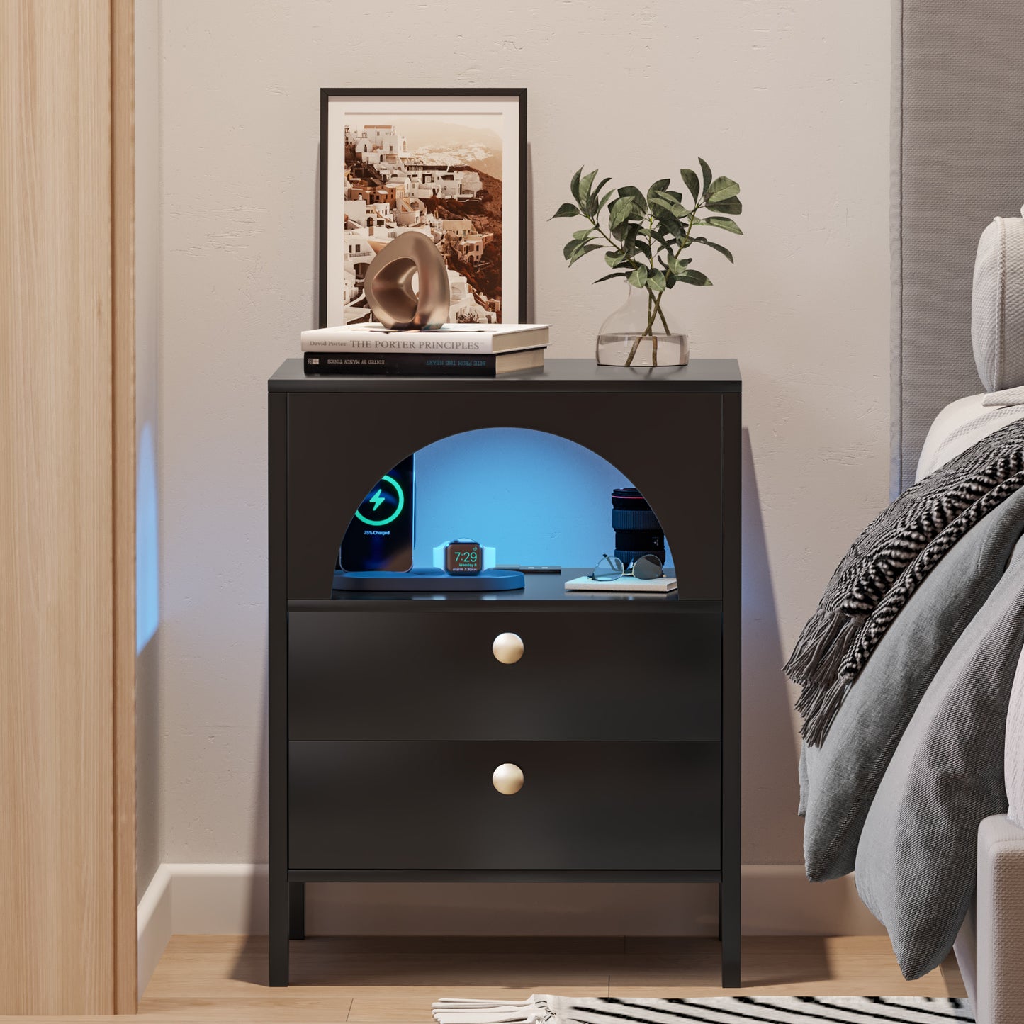 Modern End Tables with USB Ports and Outlets LED Lights Nightstand with Charging Station