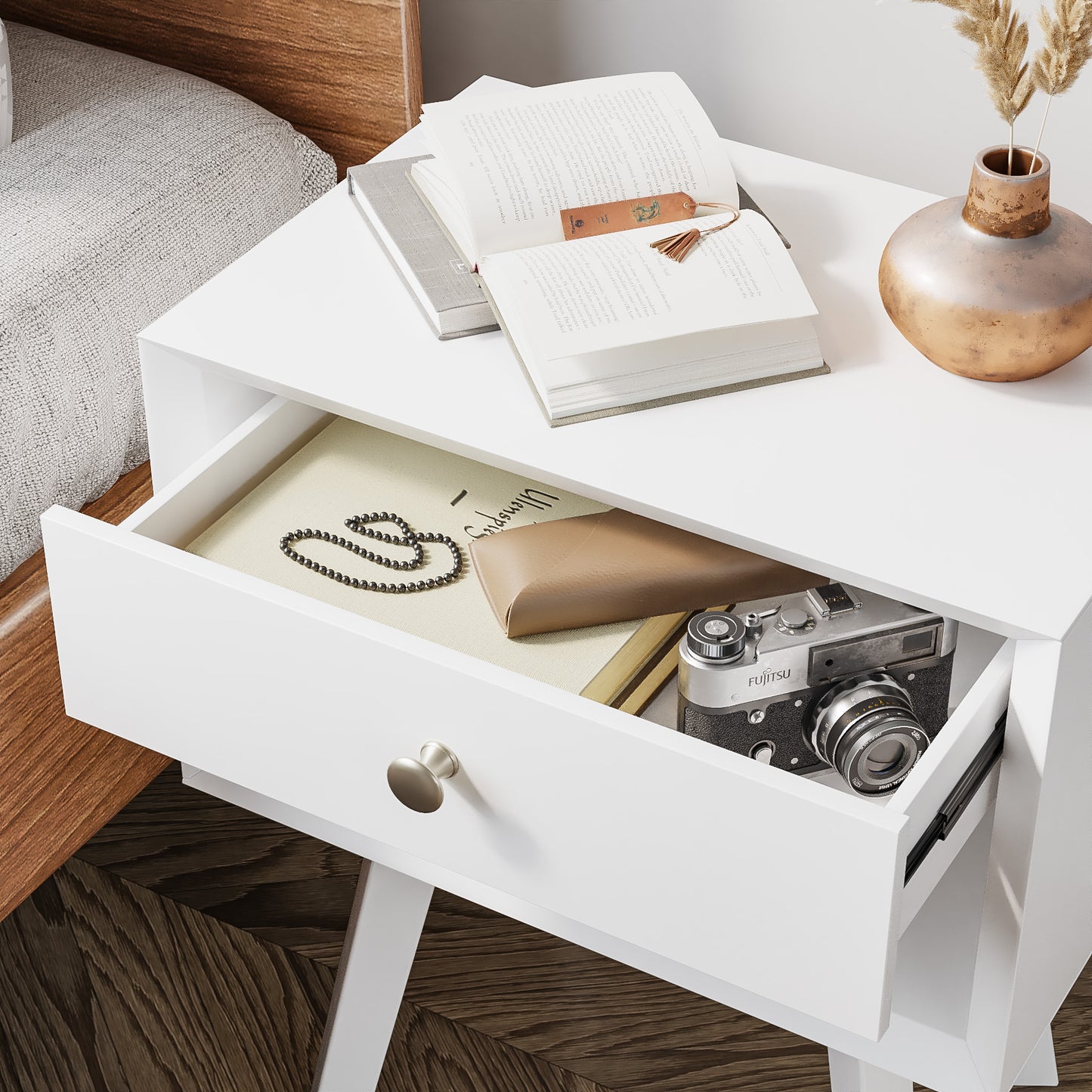 Algherohein Classic 1 Drawer Black Finish Nightstands for Bedroom