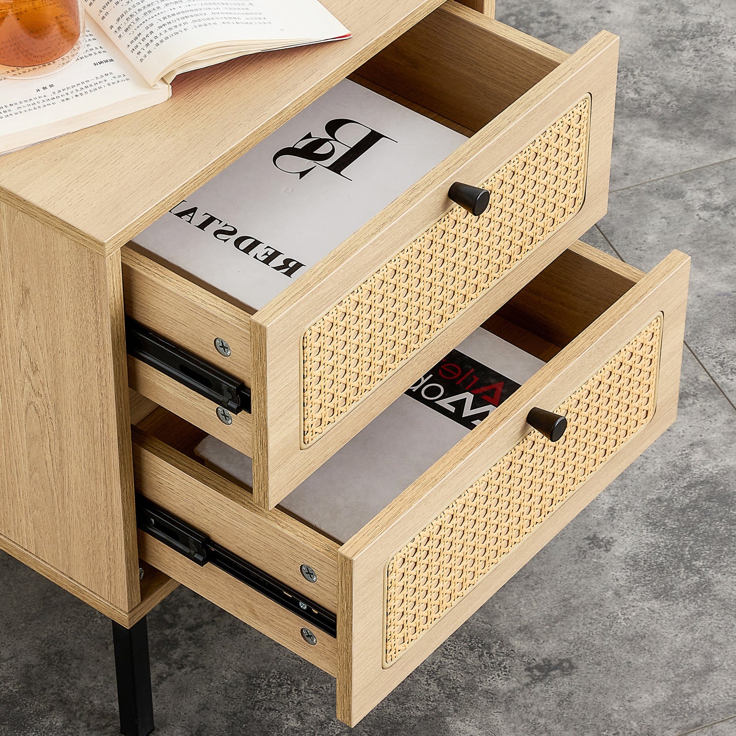 Modern simple storage cabinet MDF Board bedside cabinet rattan bedside cabinet Small household furniture bedside table