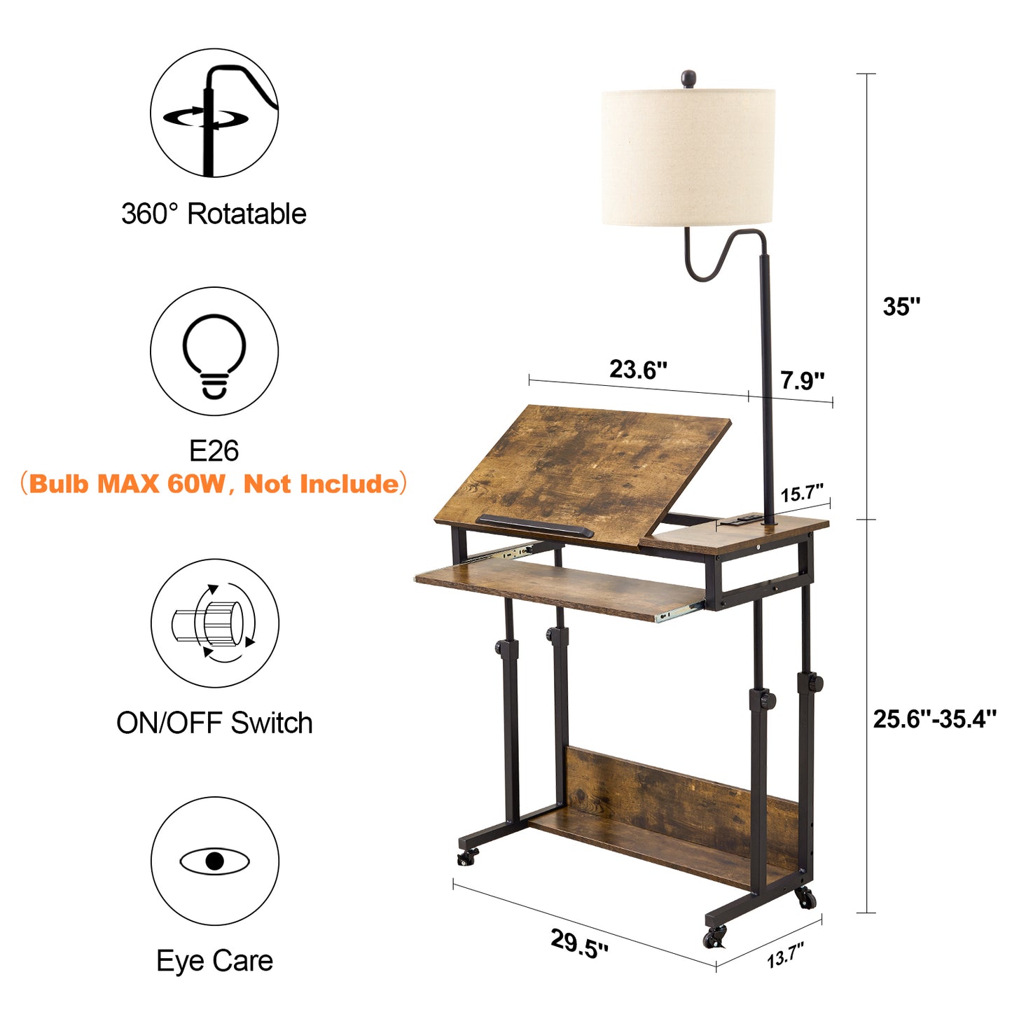 Smart FENDEE Adjustable Wood Computer Desk with Floor Lamp,Rollers,Sockets