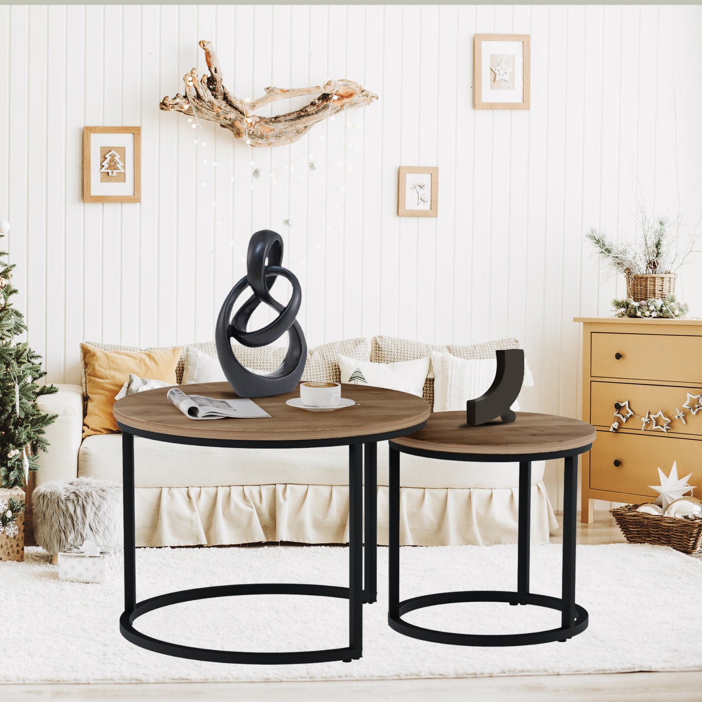 Modern Round Nesting Coffee Table Set 2pc Solid Metal Frame