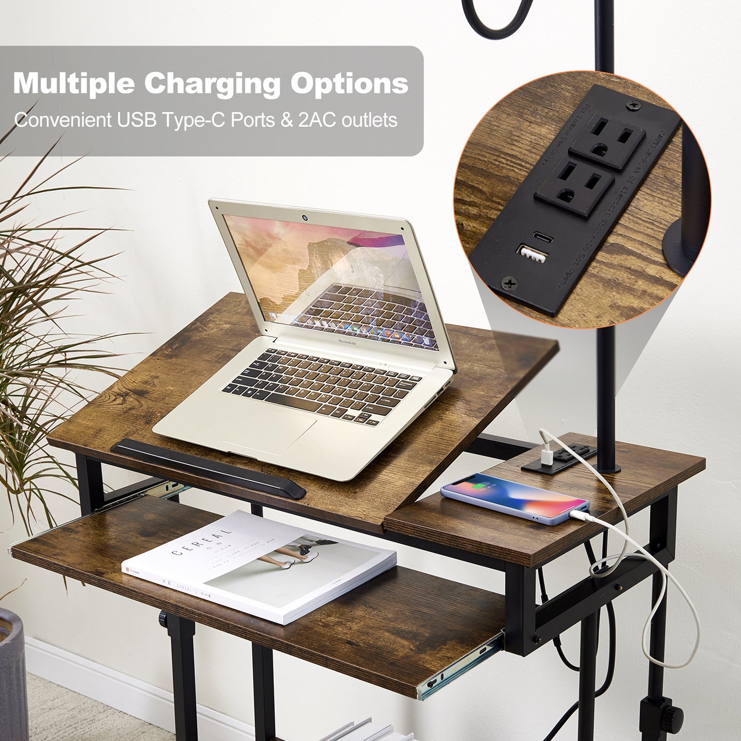 Smart FENDEE Adjustable Wood Computer Desk with Floor Lamp,Rollers,Sockets