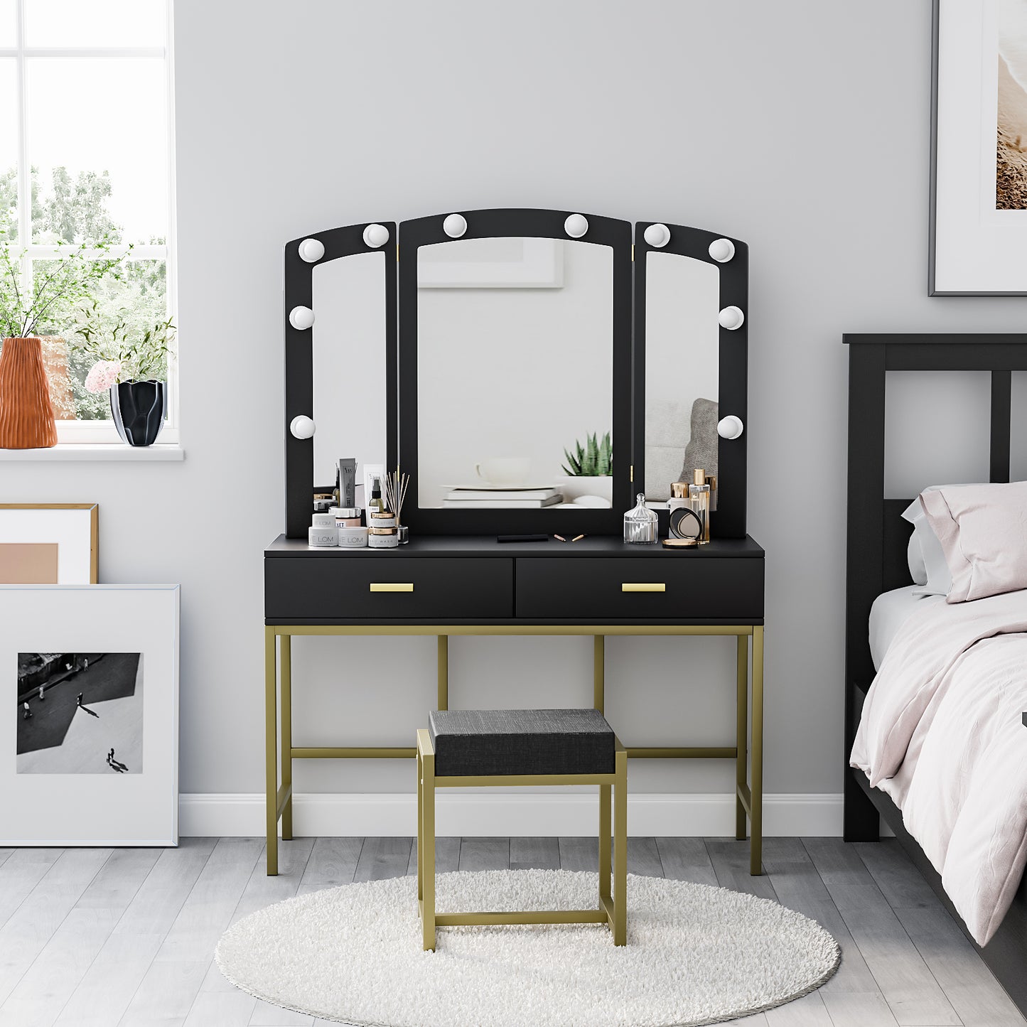 Semiocthome Modern White Vanity Tables Set for Bedroom with LED Lights