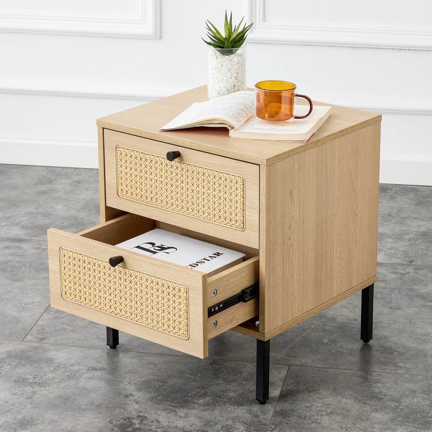 Modern simple storage cabinet MDF Board bedside cabinet rattan bedside cabinet Small household furniture bedside table