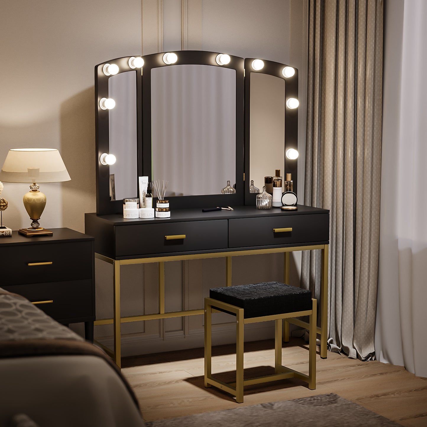 Semiocthome Modern White Vanity Tables Set for Bedroom with LED Lights