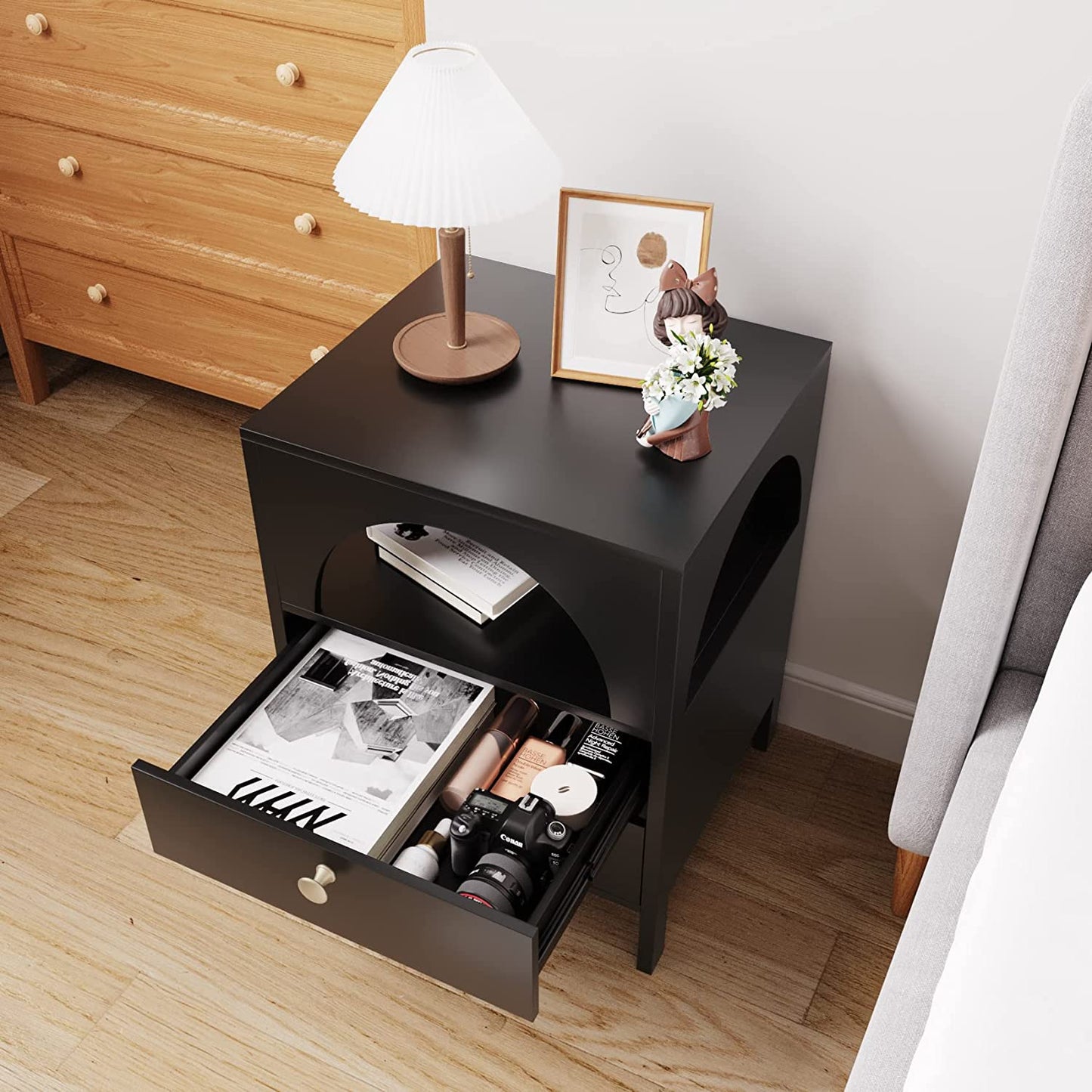 Modern End Tables with USB Ports and Outlets LED Lights Nightstand with Charging Station