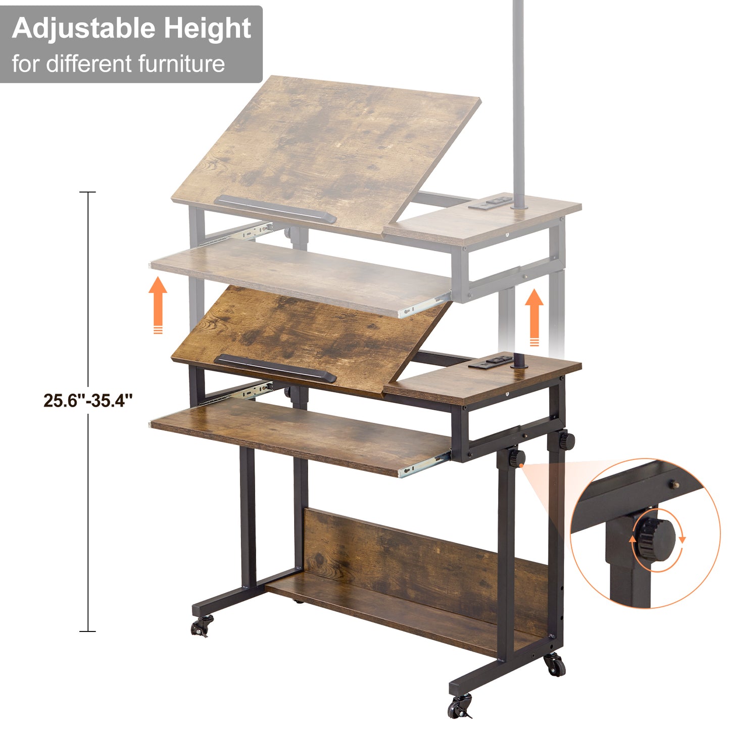 Smart FENDEE Adjustable Wood Computer Desk with Floor Lamp,Rollers,Sockets