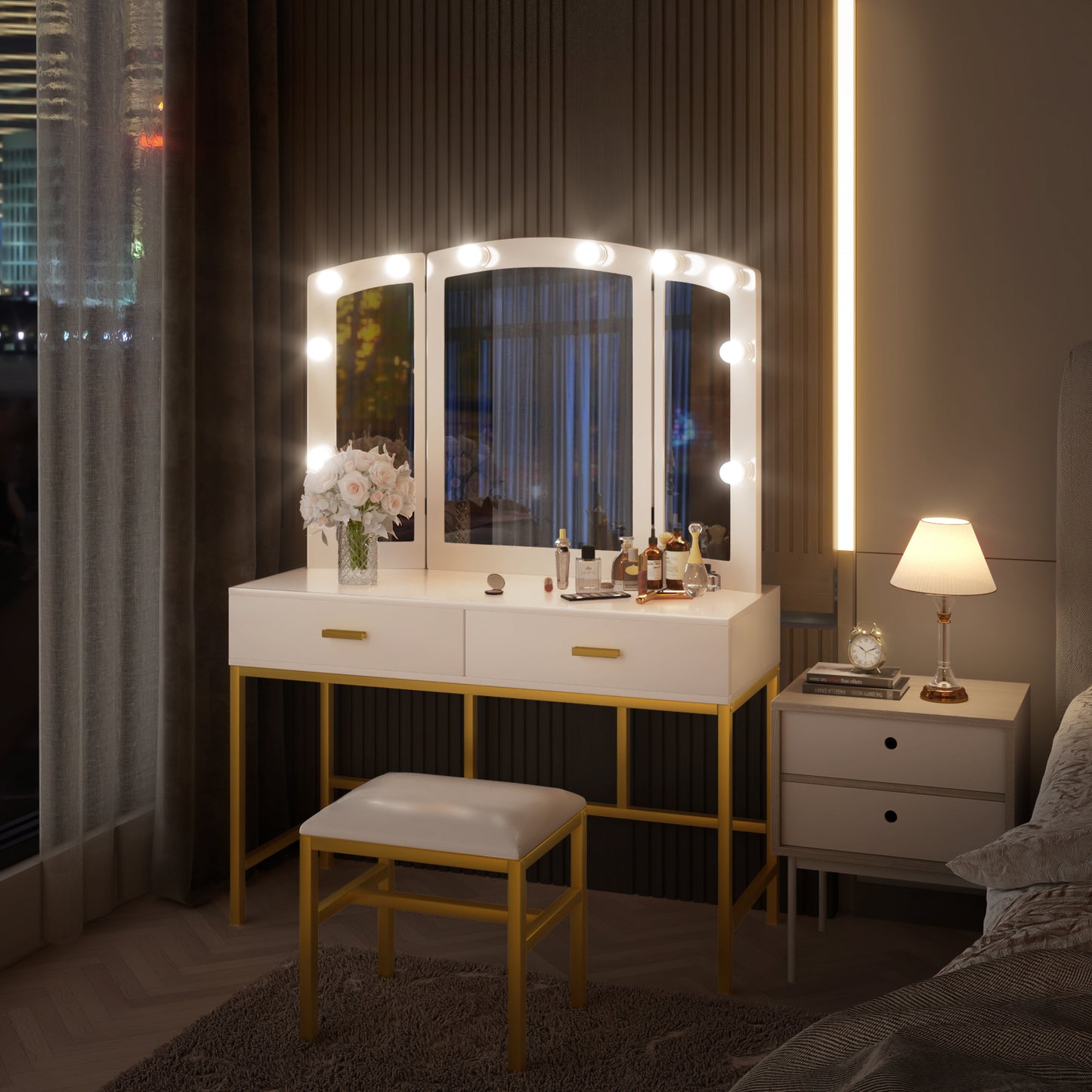 Semiocthome Modern White Vanity Tables Set for Bedroom with LED Lights