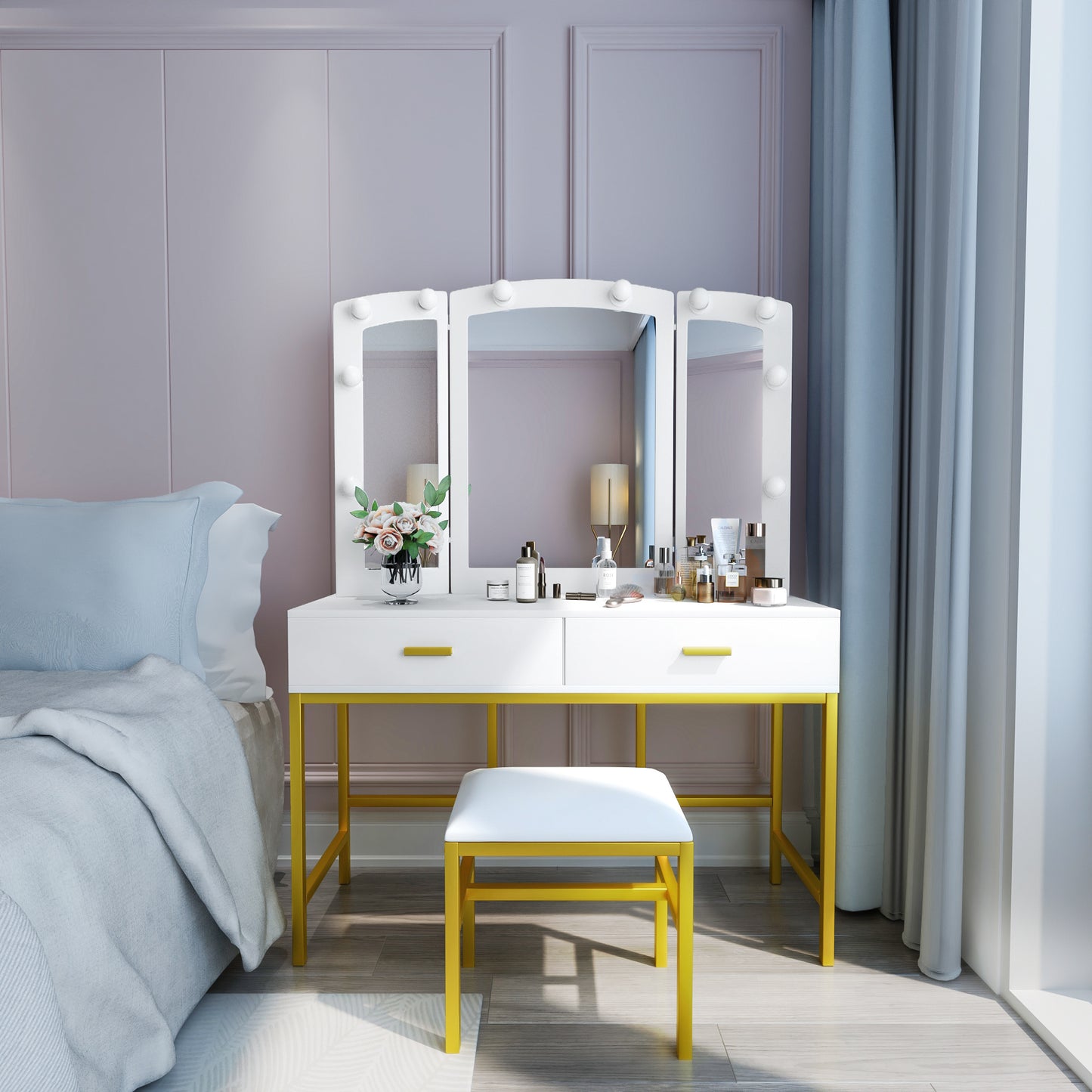 Semiocthome Modern White Vanity Tables Set for Bedroom with LED Lights