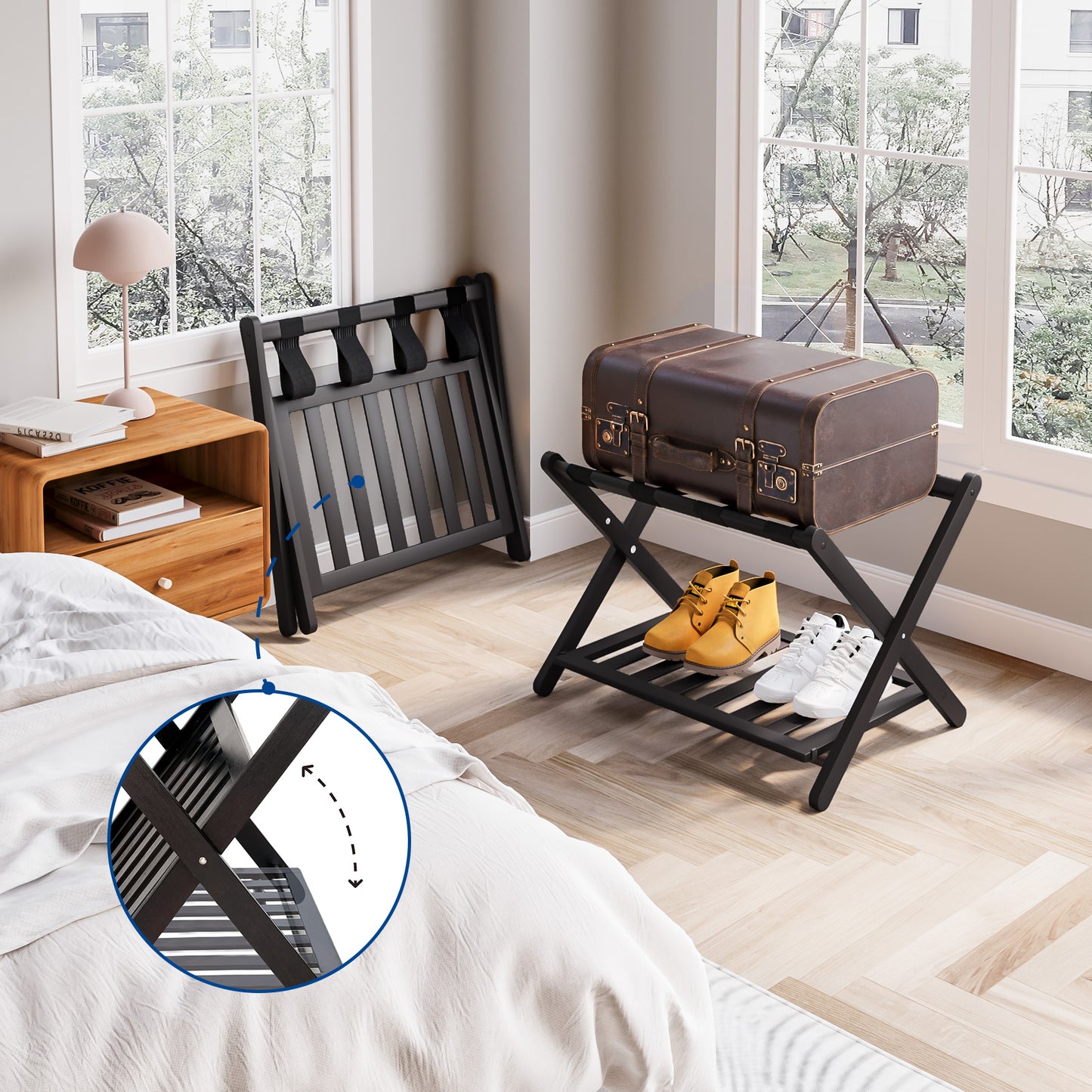 Smart FENDEE Space-Saving Foldable Bamboo Luggage Rack with Shelf