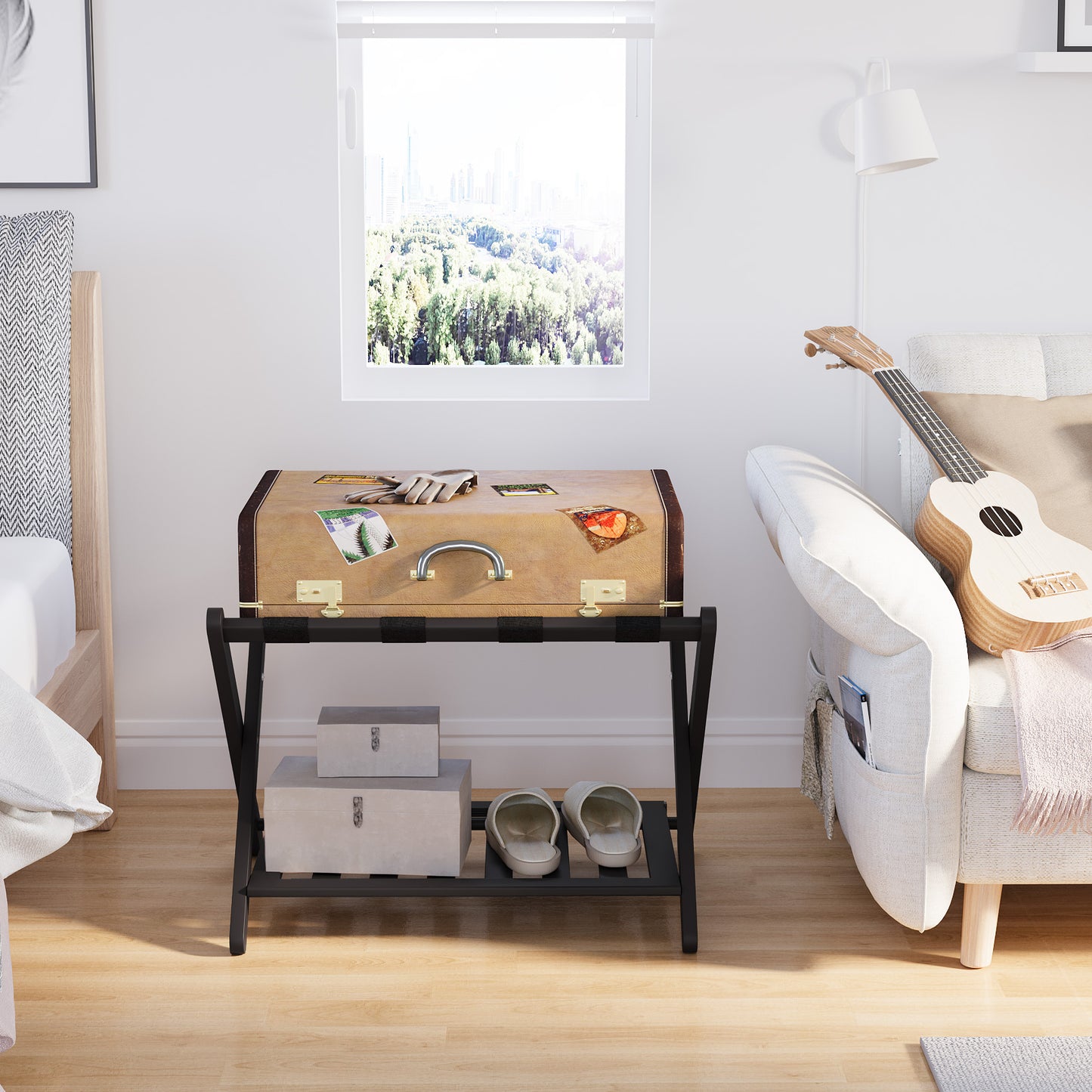 Smart FENDEE Space-Saving Foldable Bamboo Luggage Rack with Shelf