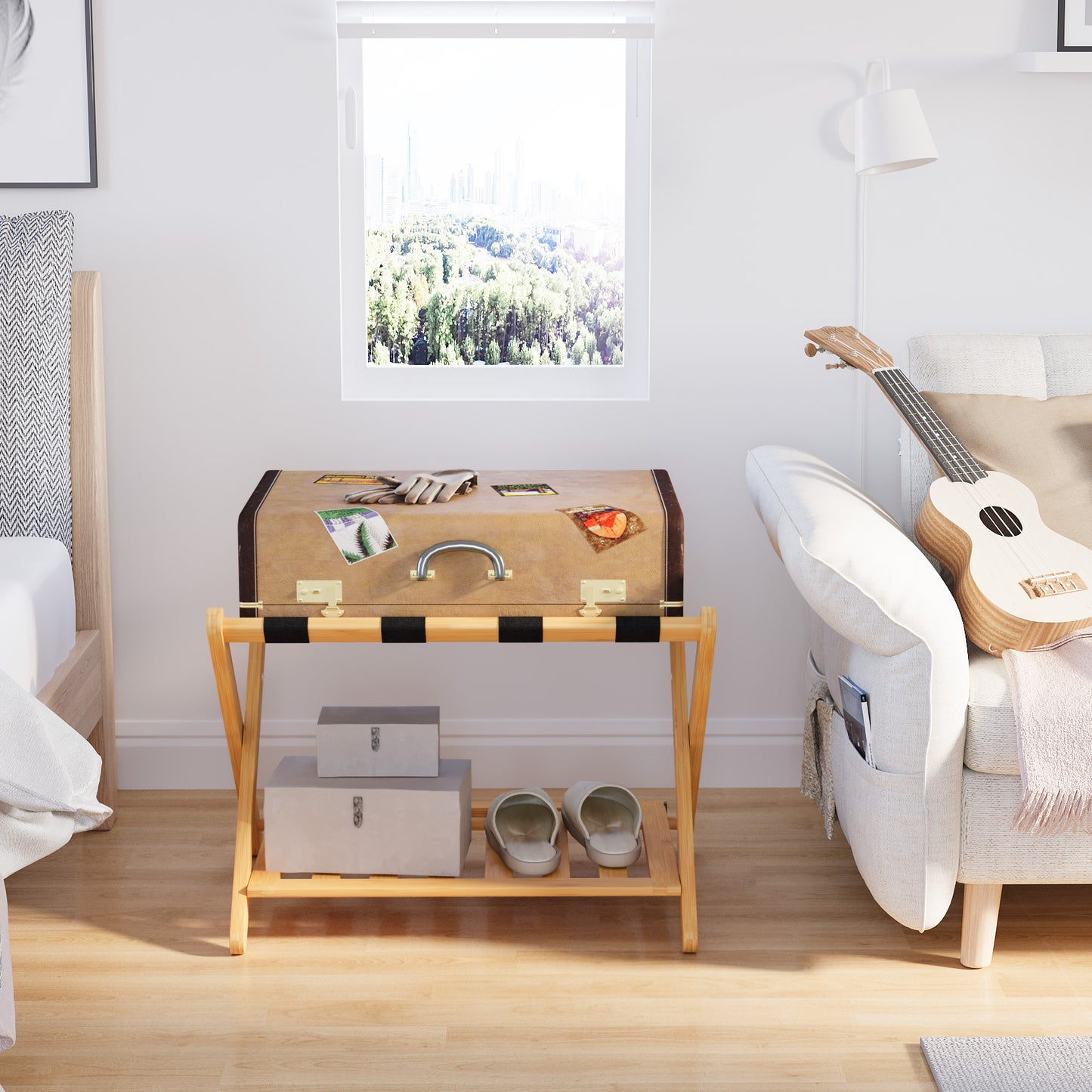 Smart FENDEE Space-Saving Foldable Bamboo Luggage Rack with Shelf