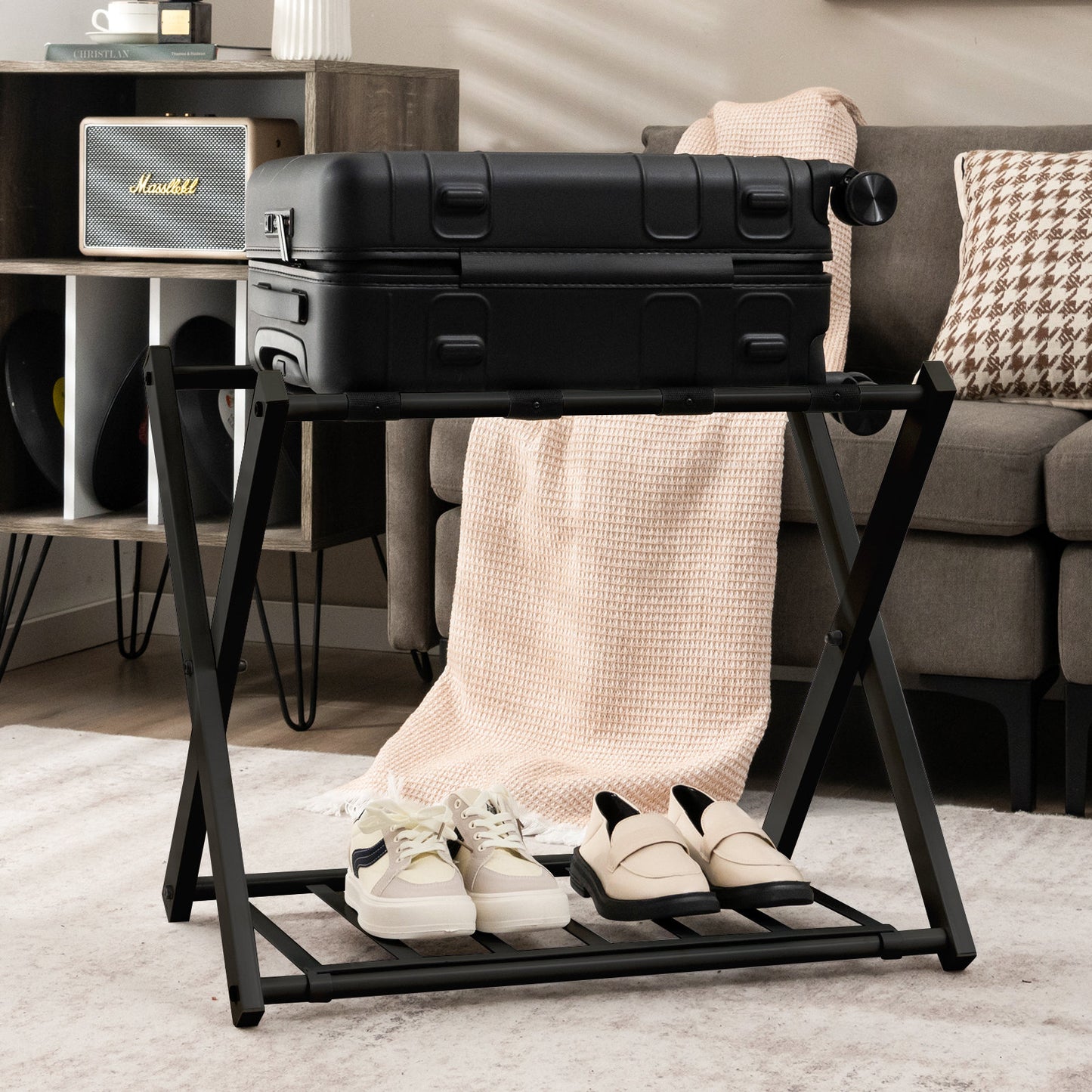 Smuxee Folding Suitcase Stand with Storage Shelf