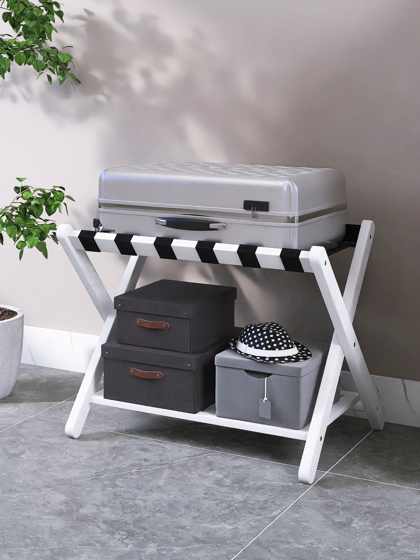 Smuxee Folding Suitcase Stand with Storage Shelf