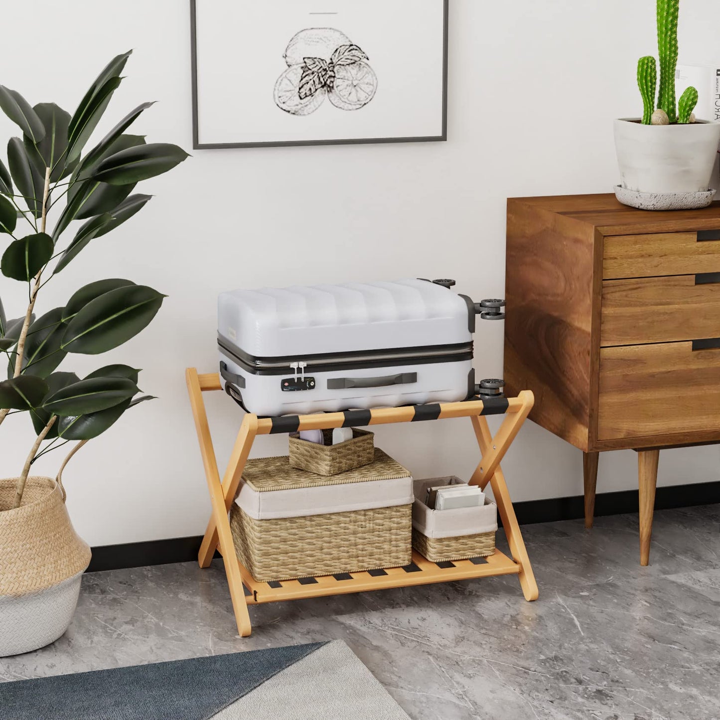 Smuxee Folding Suitcase Stand with Storage Shelf