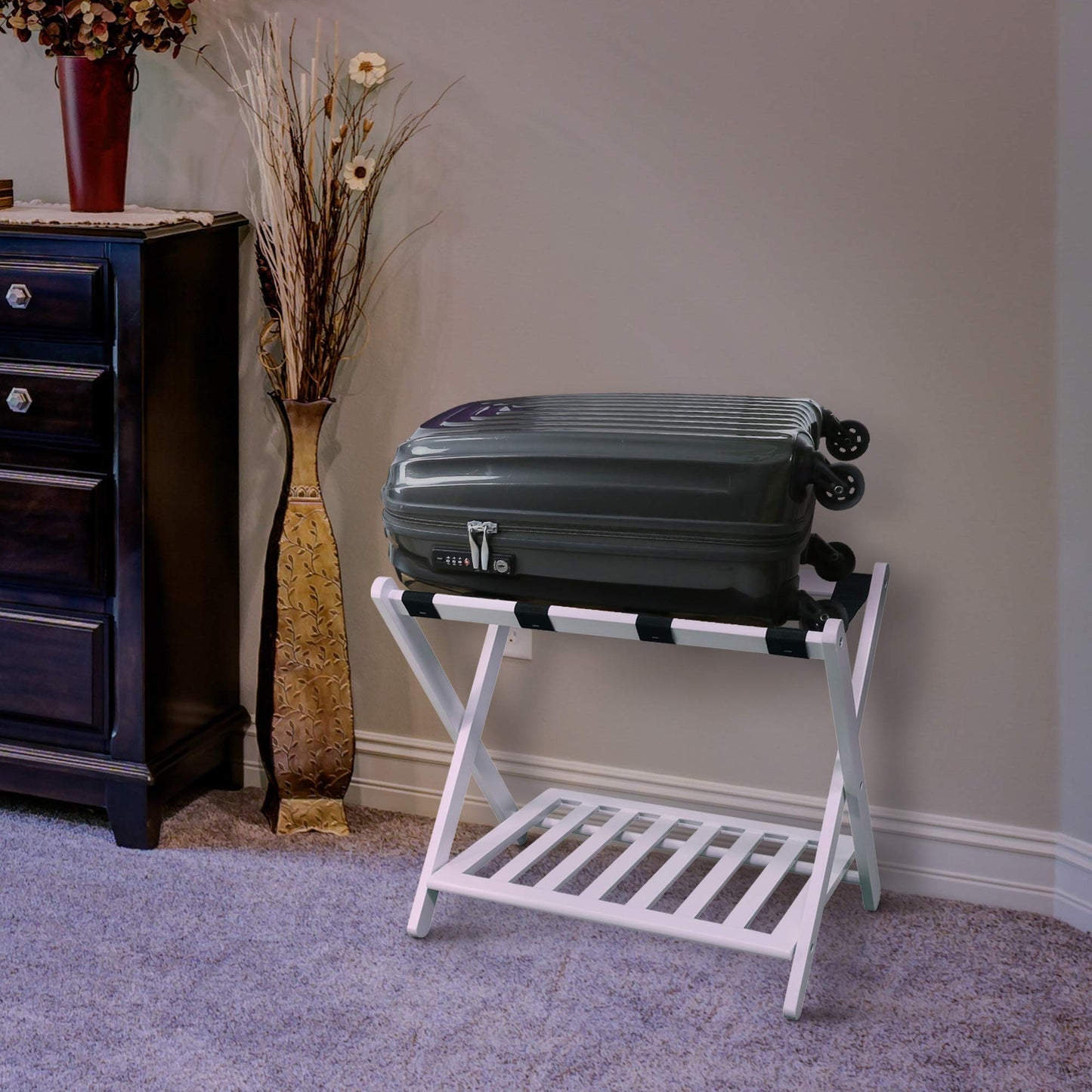 Smart FENDEE Space-Saving Foldable Bamboo Luggage Rack with Shelf
