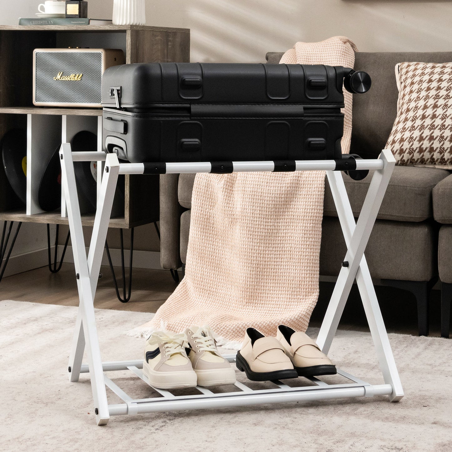 Smuxee Folding Suitcase Stand with Storage Shelf