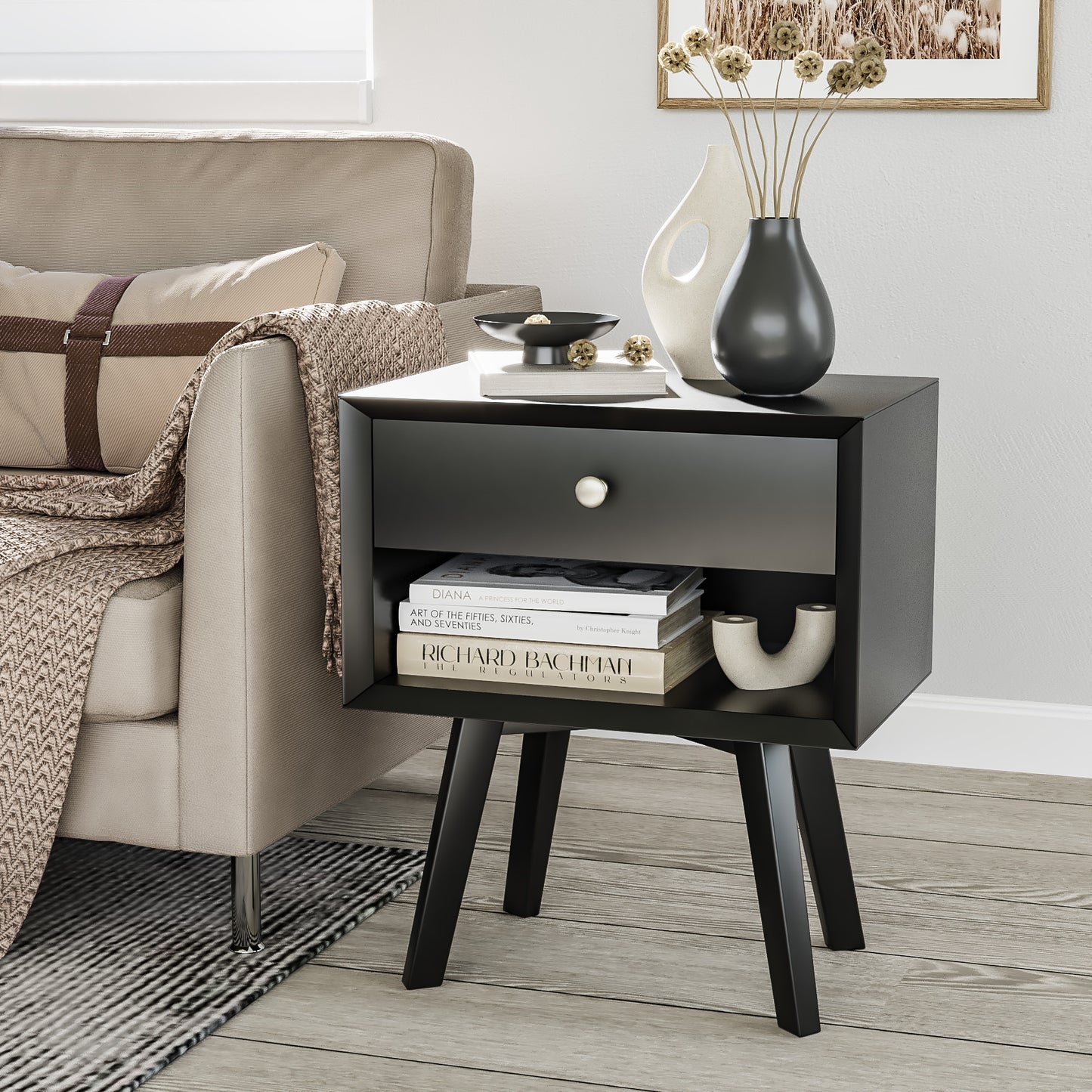 Semiocthome Mid Century Modern Nightstand Wood Bed Side Table for Bedroom