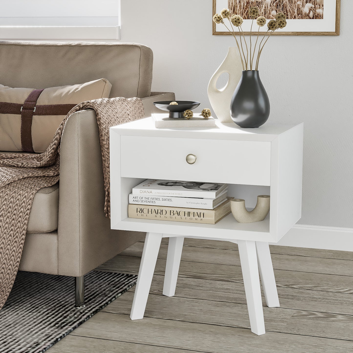 Semiocthome Mid Century Modern Nightstand Wood Bed Side Table for Bedroom