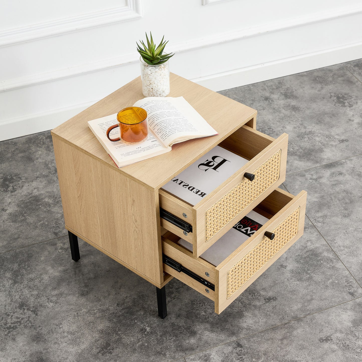 Modern simple storage cabinet MDF Board bedside cabinet rattan bedside cabinet Small household furniture bedside table
