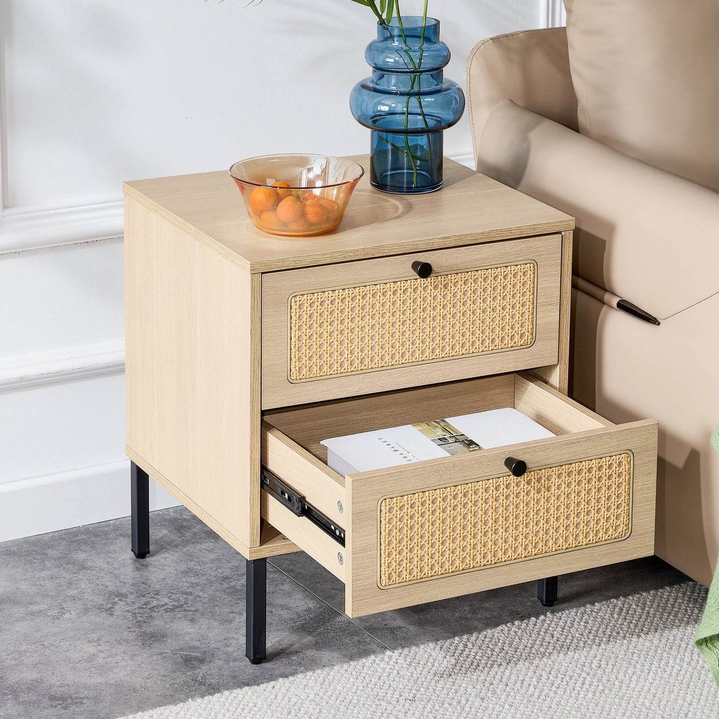 Modern simple storage cabinet MDF Board bedside cabinet rattan bedside cabinet Small household furniture bedside table